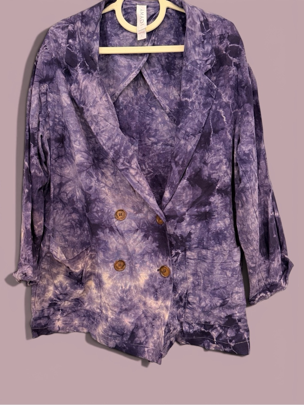 Amadi Women’s Purple Tie-Dye Double-Breasted Tunic Blazer Size Large